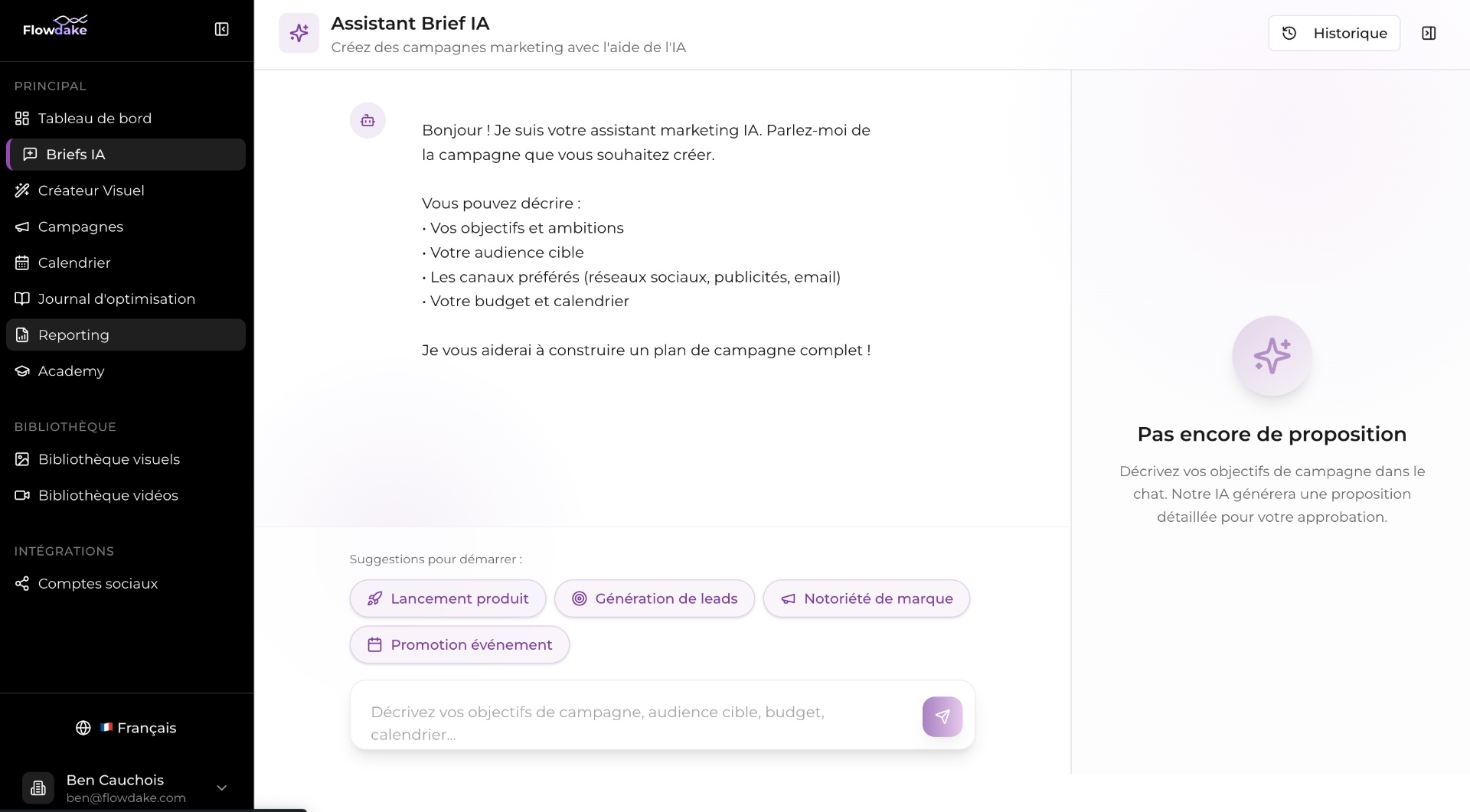 Conversation avec l'IA pour décrire un objectif de campagne
