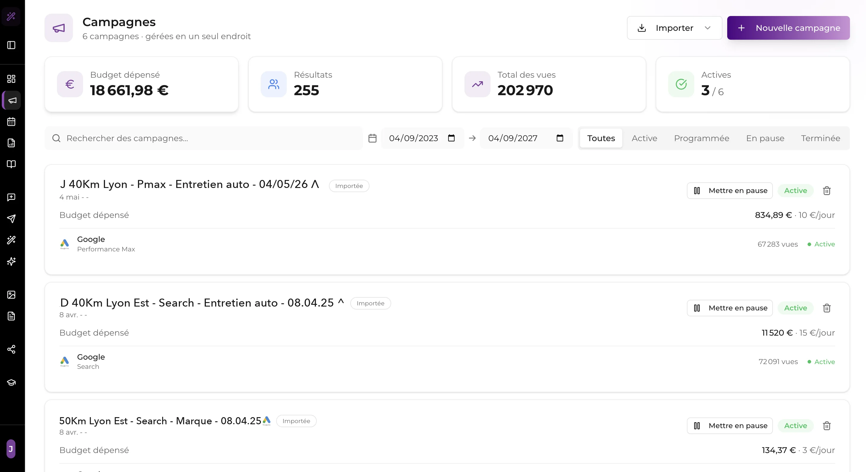 La liste des campagnes, avec leur régie, leur statut et leur budget.