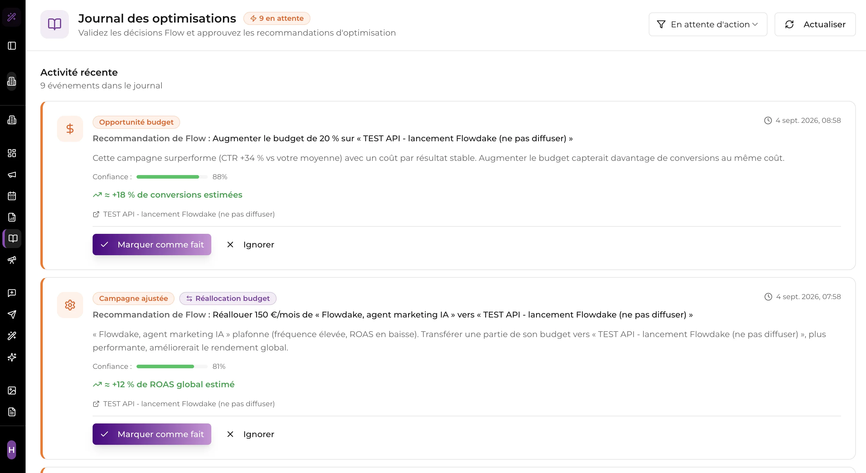 Le journal des optimisations : Flow explique pourquoi une annonce vidéo surpasse sa version statique, annonce un gain estimé de 15 % de clics à budget égal, et propose d'appliquer ou d'ignorer.